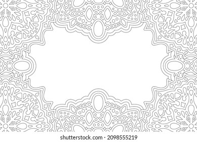 Beautiful monochrome linear vector illustration for adult coloring book page with abstract rectangle border and white copy space