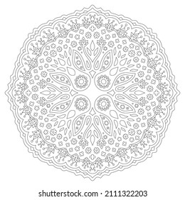 Beautiful monochrome linear vector illustration for adult coloring book page with abstract round floral pattern isolated on the white background