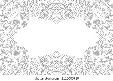 Beautiful monochrome linear vector illustration for adult coloring book page with abstract tribal border and white copy space