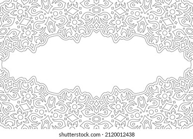 Beautiful monochrome linear vector illustration for adult coloring book page with abstract floral border and white copy space