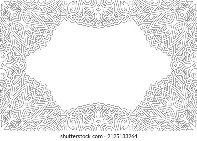 Beautiful monochrome linear vector illustration for adult coloring book page with abstract starry border and white copy space