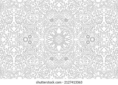 Beautiful monochrome linear vector illustration for adult coloring book with abstract ornate floral pattern on the white background