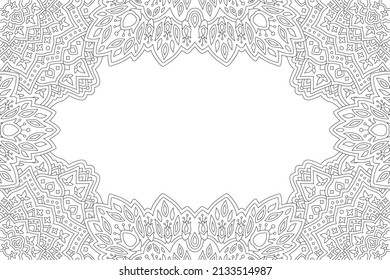Beautiful monochrome linear vector illustration for adult coloring book page with abstract ornate border and white copy space