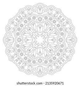 Beautiful monochrome linear vector illustration for adult coloring book page with abstract floral round pattern isolated on the white background
