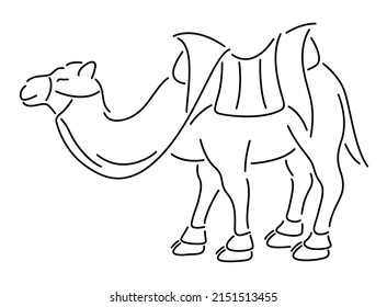 Schöne monochrome lineare Vektorgrafik mit dekorativer Cartoon-Kamelsilhouette einzeln auf weißem Hintergrund