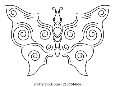 Beautiful monochrome linear vector illustration with decorative vintage butterfly silhouette isolated on the white background