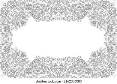 Beautiful monochrome linear vector illustration for valentine coloring book page with abstract vintage floral border and white copy space