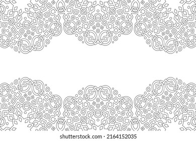 Hermosa ilustración monocromática lineal vectorial para página de libros de coloración para adultos con borde geométrico abstracto y espacio de copia blanca