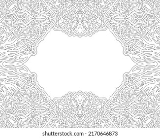Beautiful monochrome linear vector illustration for adult coloring book page with abstract vintage border and white copy space