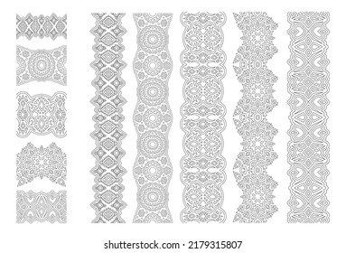 Beautiful monochrome linear vector illustration for adult coloring book page with abstract geometric seamless paint brushes set isolated on the white background