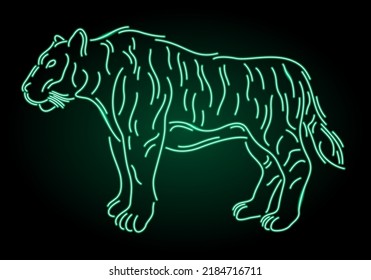 Beautiful monochrome linear vector illustration with colorful neon green shiny tiger silhouette on the dark background