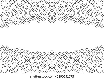 Beautiful monochrome linear vector illustration for adult coloring book page with abstract starry border and white copy space