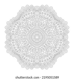 Hermosa ilustración monocromática lineal vectorial para página de libros de coloreado adulto con patrón único oriental abstracto aislado en el fondo blanco