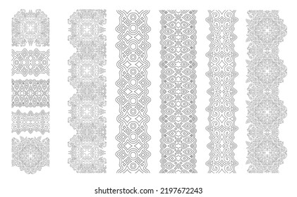 Beautiful monochrome linear vector illustration for adult coloring book page with abstract fantasy seamless paint brushes set isolated on the white background
