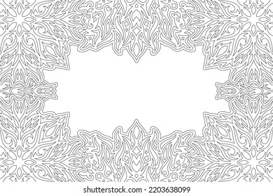 Beautiful monochrome linear vector illustration for adult coloring book page with abstract ornate vintage rectangle border and white copy space