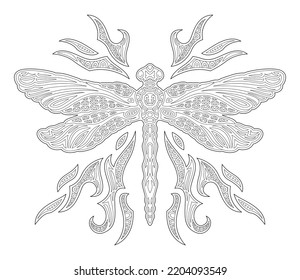 Beautiful monochrome linear vector illustration for adult coloring book page with decorative dragonfly silhouette isolated on the white background