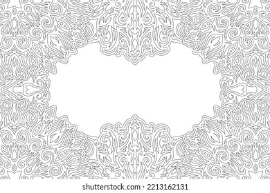 Beautiful monochrome linear vector illustration for adult coloring book page with abstract rectangle vintage border and white copy space