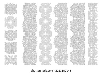 Hermosa ilustración monocromática lineal vectorial para página de libros de coloreado adulto con pinceles abstractos de pintura sin soldadura ornamentados aislados en el fondo blanco