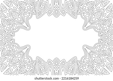 Beautiful monochrome linear vector illustration for adult coloring book with abstract geometric rectangle border and white copy space