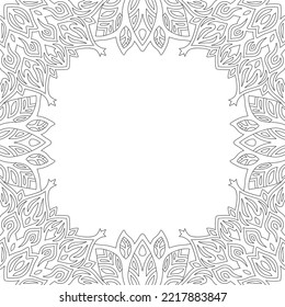 Beautiful monochrome linear vector illustration for adult coloring book page with abstract vintage square border and white copy space