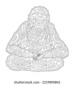 Beautiful monochrome linear vector illustration for adult coloring book page with decorative funny sloth sillhouette isolated on the white background