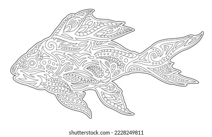 Beautiful monochrome linear vector illustration for adult coloring book page with decorative fish silhouette isolated on the white background