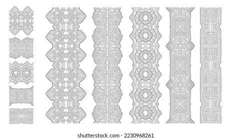 Beautiful monochrome linear vector illustration for adult coloring book page with abstract vintage seamless paint brushes set isolated on the white background