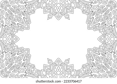 Beautiful monochrome linear vector illustration for adult coloring book page with abstract rectangle border and white copy space