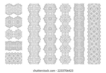 Beautiful monochrome linear vector illustration for adult coloring book page with abstract geometric seamless pain brushes set isolated on the white background