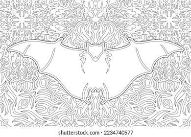 Beautiful monochrome linear vector illustration for adult coloring book page with white bat silhouette on the ornate background