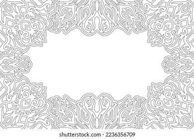 Beautiful monochrome linear vector illustration for adult coloring book page with abstract vintage rectangle border and white copy space
