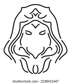 Beautiful monochrome linear vector illustration with black decorative mage head isolated on the white background