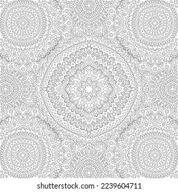 Beautiful monochrome linear vector illustration for adult coloring book page with abstract ornate oriental square pattern on the white background