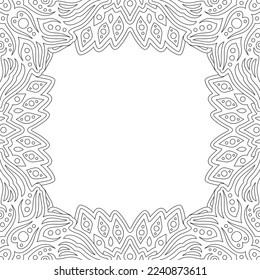 Hermosa ilustración monocromática lineal vectorial para página de libros de colorido para adultos con borde cuadrado abstracto y espacio de copia blanca
