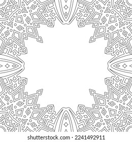 Beautiful monochrome linear vector illustration for adult coloring book page with abstract geometric square border and white copy space