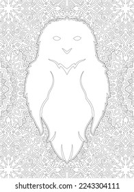Beautiful monochrome linear vector illustration for adult coloring book page with white owl silhouette on the ornate pattern