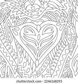 Beautiful monochrome linear vector illustration for valentine coloring book page with decorative heart shape on the white background