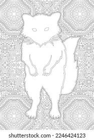 Beautiful monochrome linear vector illustration for adult coloring book page with white raccoon silhouette on the ornate background