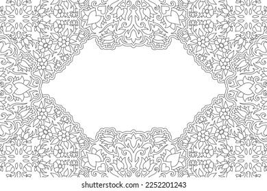 Hermosa ilustración monocromática lineal vectorial para página de libros de coloración para adultos con borde floral rectangular rectangular y espacio de copia blanca