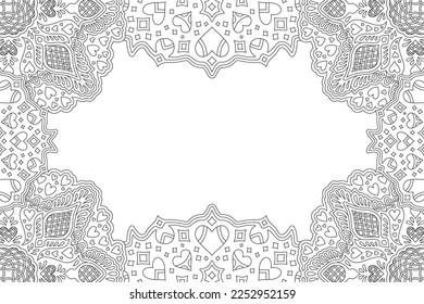 Beautiful monochrome linear vector illustration for valentine coloring book page with abstract ornate rectangle border and white copy space
