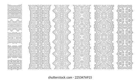 Beautiful monochrome linear vector illustration for adult coloring book page with abstract vintage seamless paint brushes set isolated on the white background