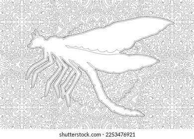 Beautiful monochrome linear vector illustration for adult coloring book page with white insect silhouette on the ornate oriental pattern