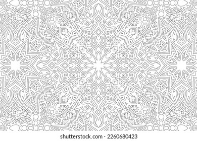 Beautiful monochrome linear vector illustration for adult coloring book page with abstract vintage ornate pattern on the white background
