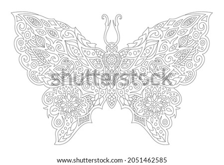 Beautiful monochrome linear vector illustration for coloring book page with stylized butterfly silhouette islated on the white background