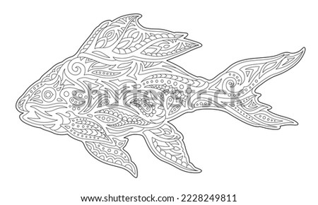 Beautiful monochrome linear vector illustration for adult coloring book page with decorative fish silhouette isolated on the white background