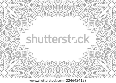 Beautiful monochrome linear vector illustration for adult coloring book page with abstract rectangle geometric border and white copy space