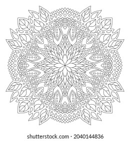 Beautiful monochrome linear vector pattern for adult coloring book page with abstract floral pattern isolated on the white background