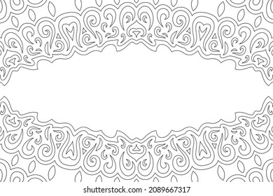 Beautiful monochrome linear vintage vector background for adult coloring book page with white copy space