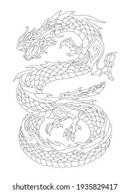 Beautiful monochrome lnear illustration for coloring book page with chinese dragon isolated on the white background