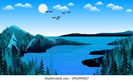 beautiful monochrome northern natural landscape. sea bay with rocky shores with coniferous trees against the sky with the sun, clouds, silhouettes of flying birds. vector 